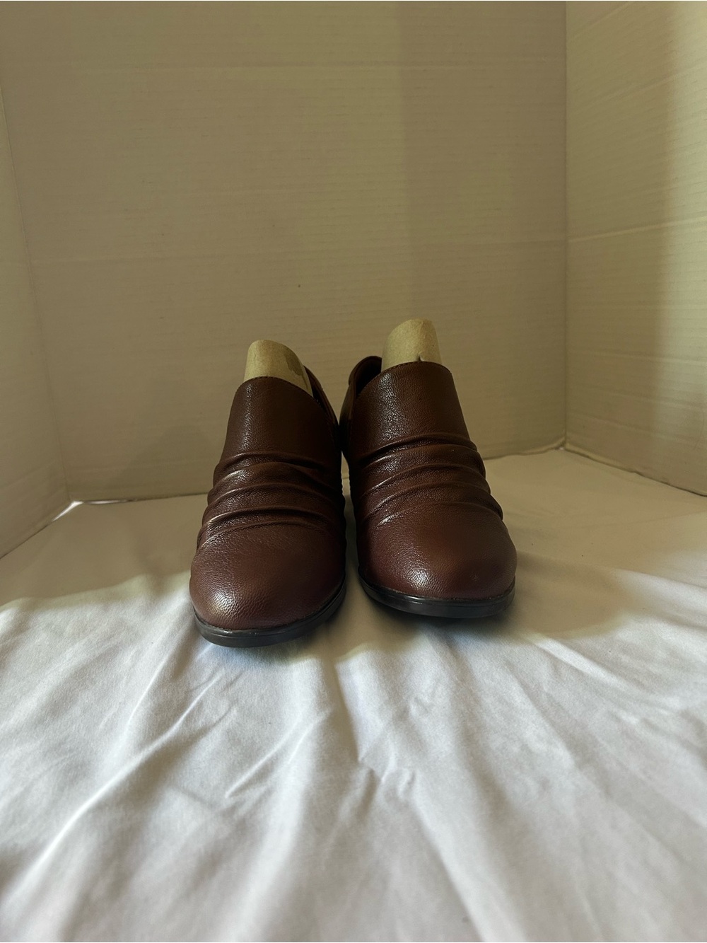 Clarks Collection Women’s Brown Leather Ruched Ankle Booties Block Heel